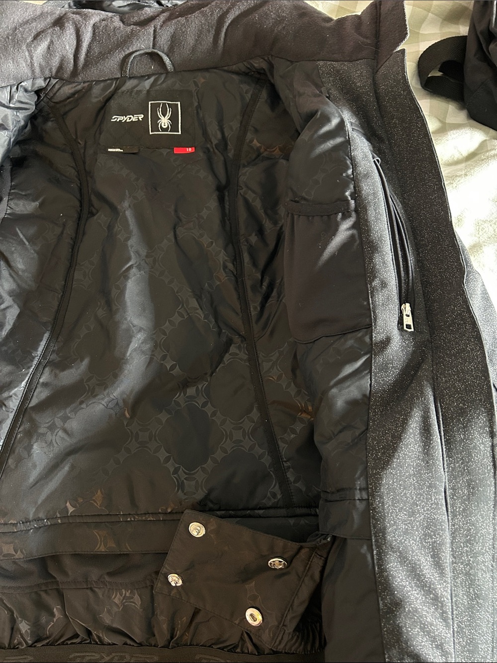 Spyder Women's Hooded Ski Jacket in Charcoal Gray with Subtle Shimmer - Picture 6 of 6